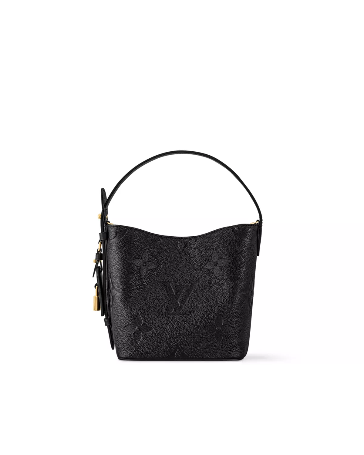 Rebce All In BB Black Monogram Empreinte crossbody bag with gold-toned hardware and elegant bucket design.