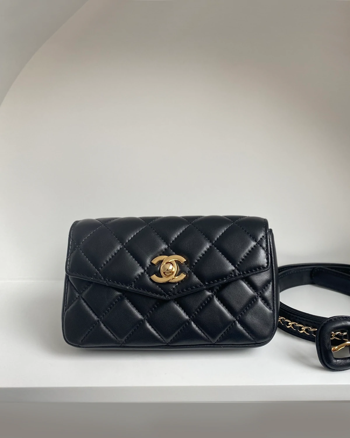 Calfskin Quilted Flap Waist Belt Bag “Black”
