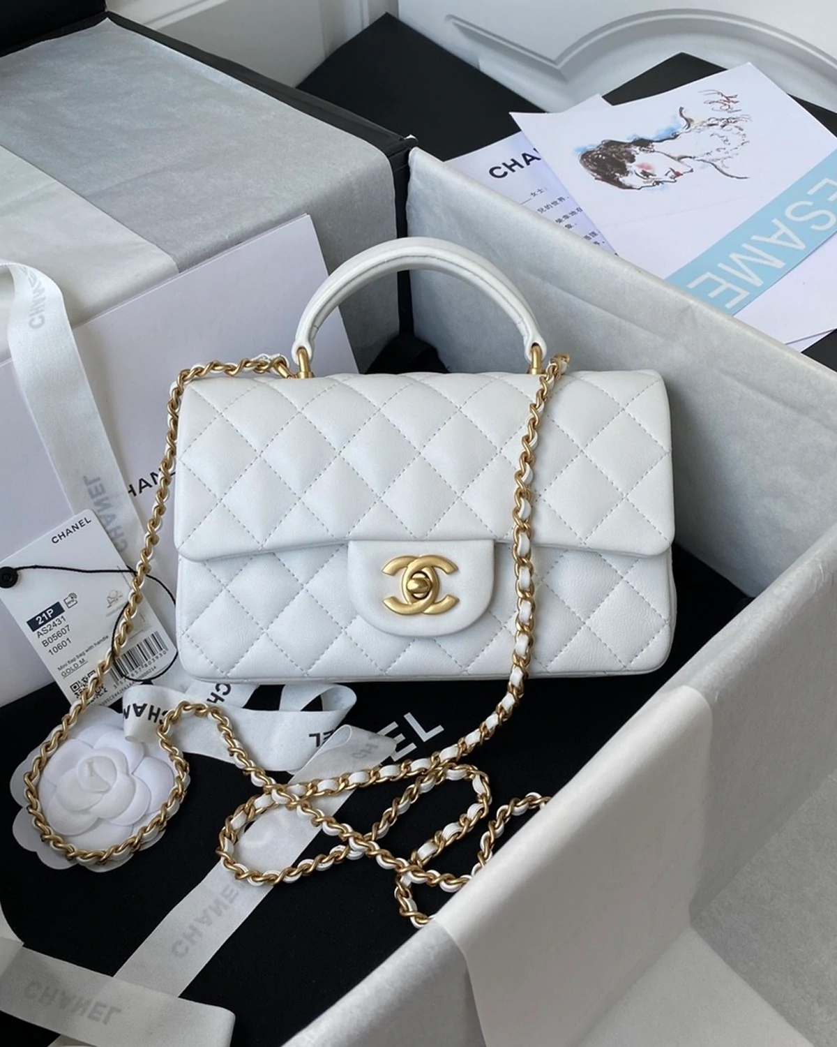 Lambskin Quilted Mini Top Handle Rectangular Flap Grey