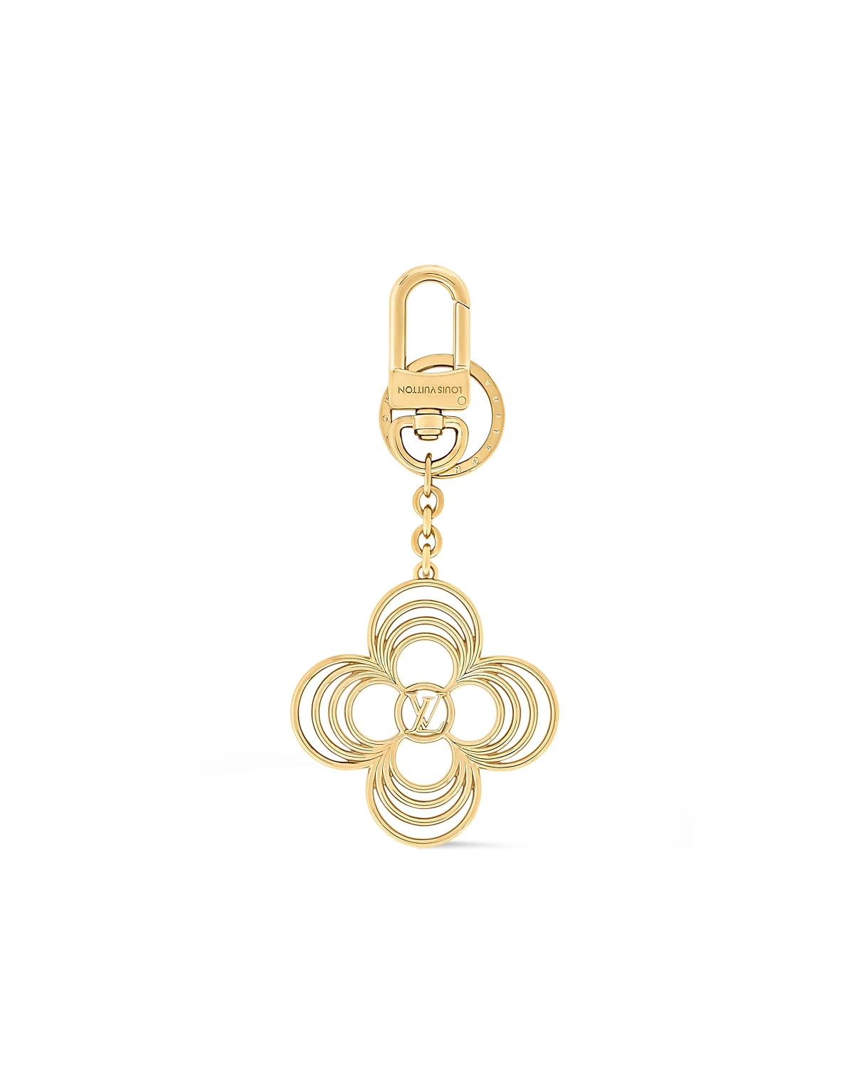 With its precious feminine style and floral shape, the LV Breeze key holder adds a bright touch of sophistication to a handbag or set of keys. Its delicate design features slim strands of gold-colored metal depicting a round-petaled Monogram Flower. An LV Circle signature in the center makes this handy