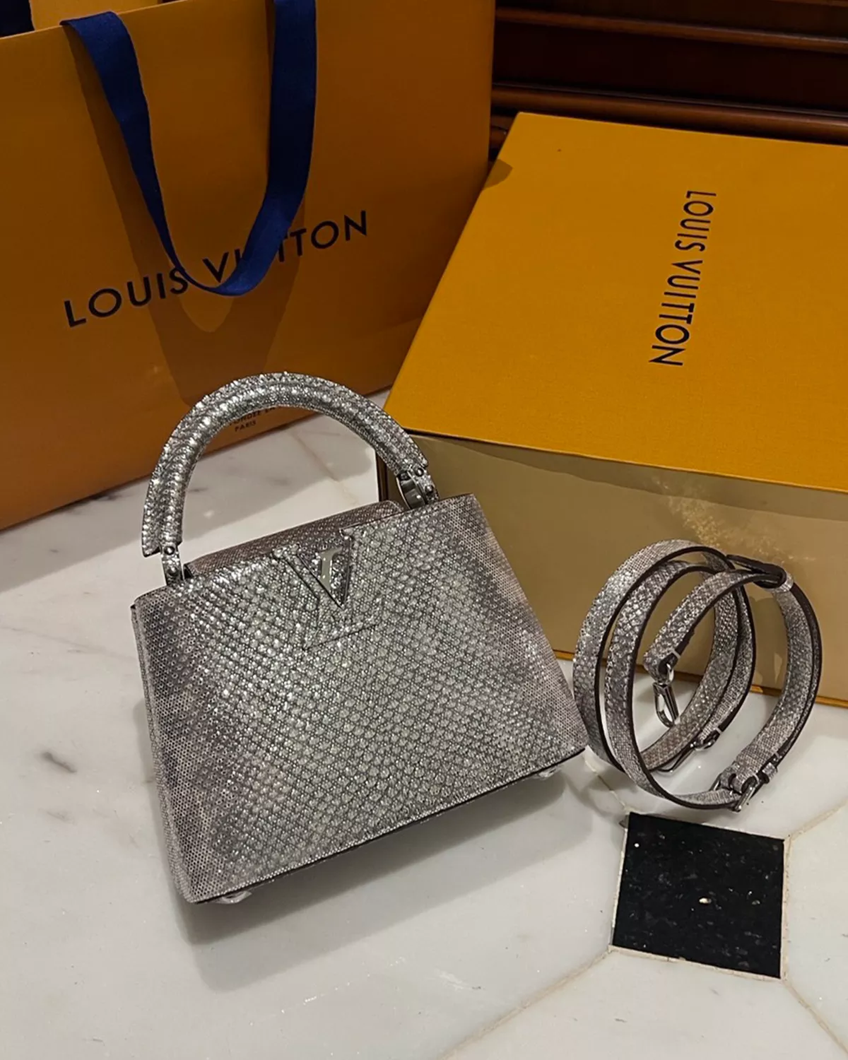 Capucines Mini “Silver Holographic Python”