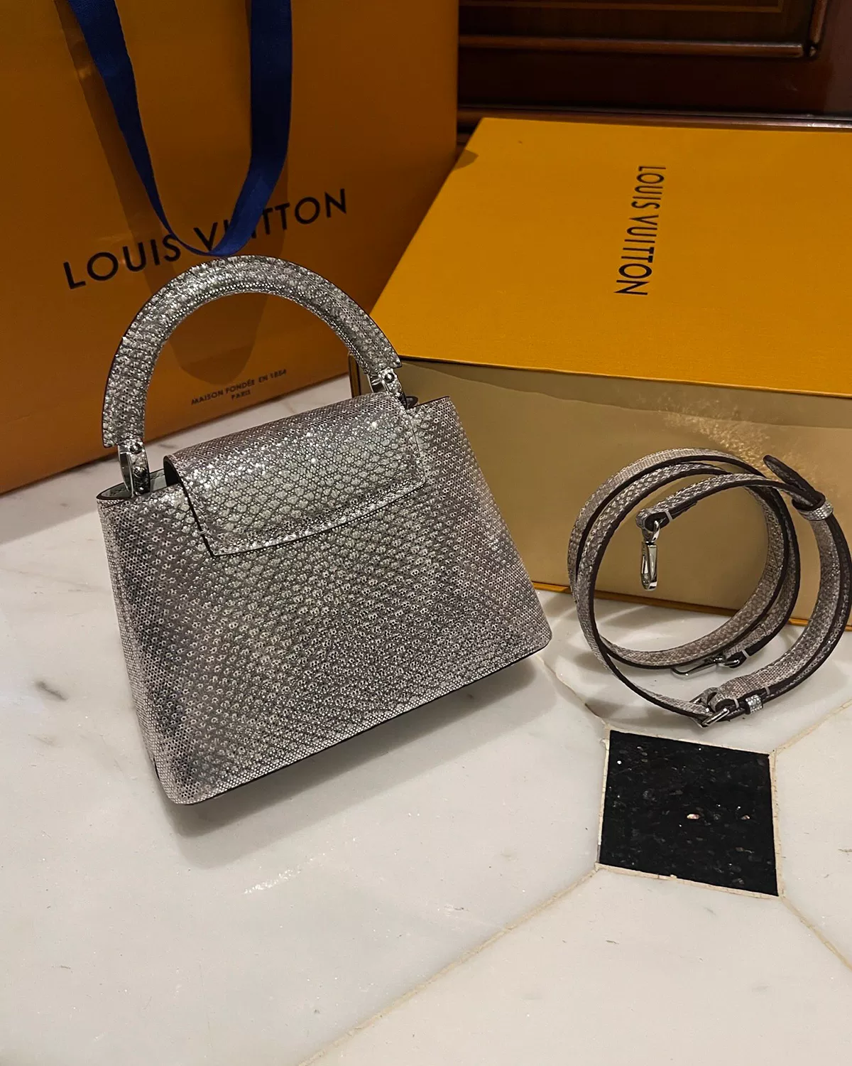 Capucines Mini “Silver Holographic Python”