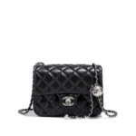 Shiny Lambskin Silver Ball Mini Flag Bag “Black”