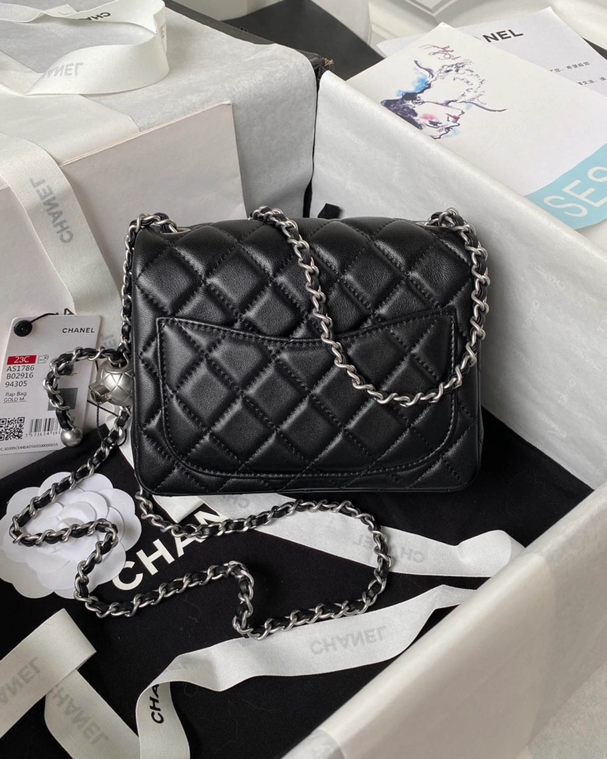 Shiny Lambskin Silver Ball Mini Flag Bag “Black”