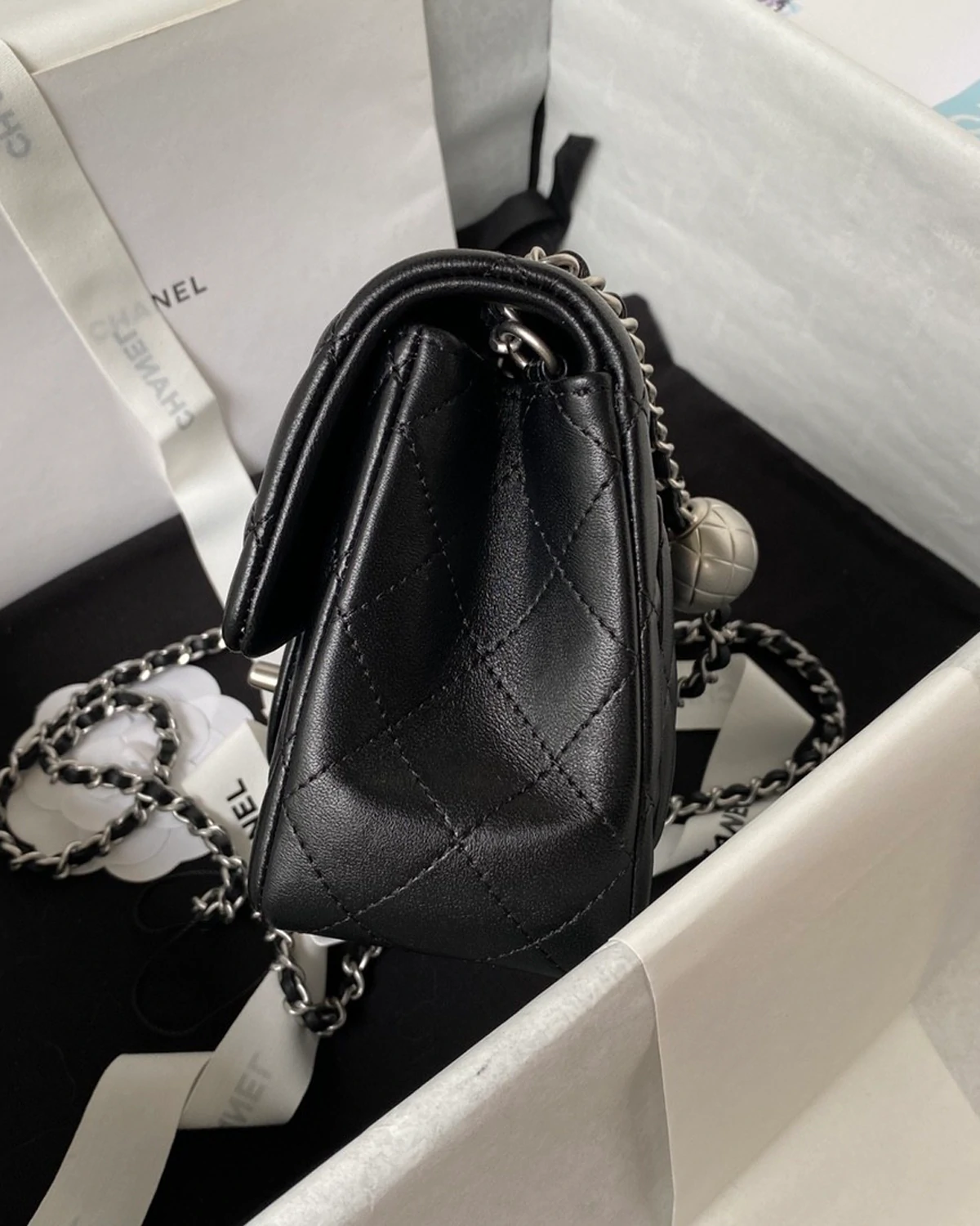 Shiny Lambskin Silver Ball Mini Flag Bag “Black”