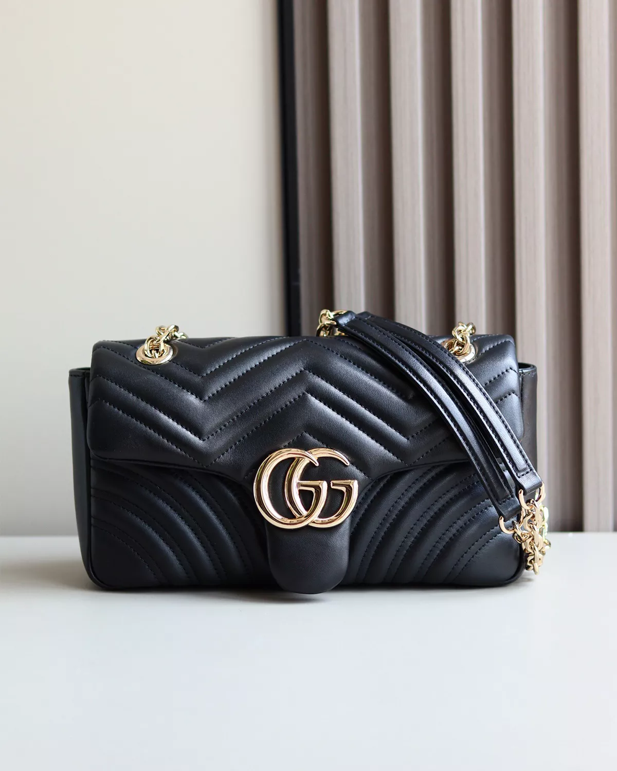 Marmont Medium Shoulder Bag “Black Matelassé Chevron”