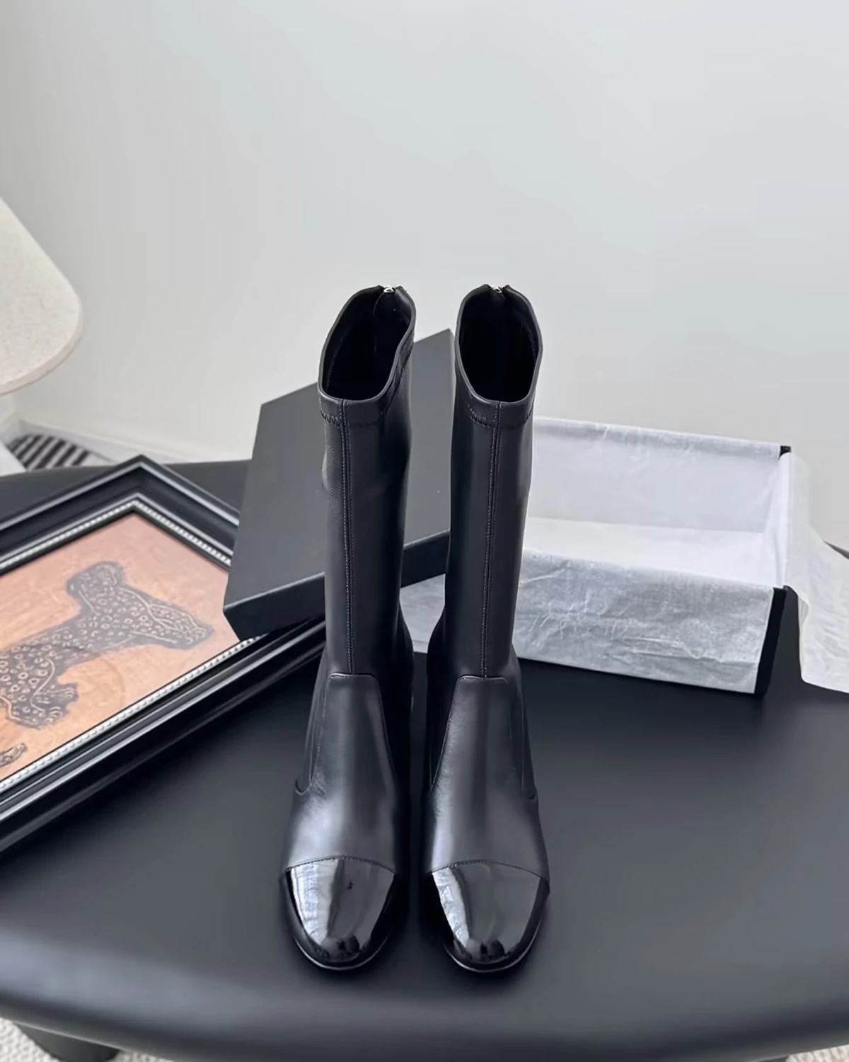 Mid-Calf Pearl Heel Boots “Black”
